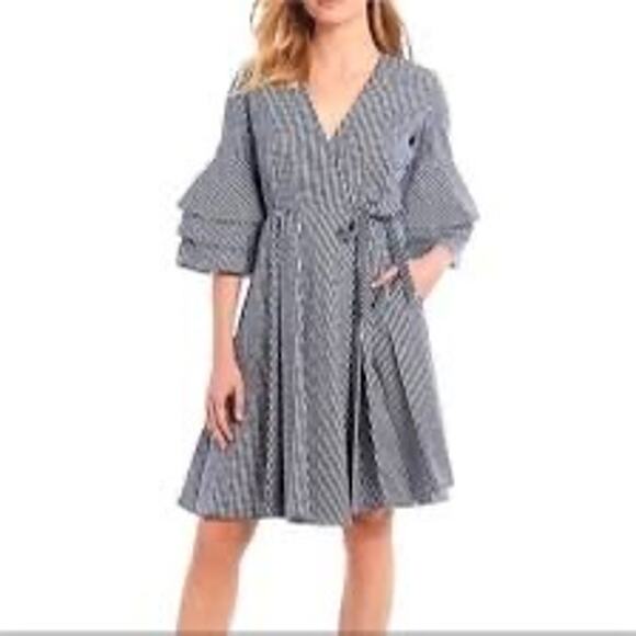 MSRP $129 Calvin Klein Gingham Bell Sleeve Wrap Dress Size 6 | SAME DAY SHIP - Picture 1 of 7